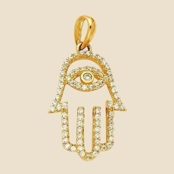 14k Gold Hamsa Eye CZ Charm Pendant - Perfect Birthday Gift | Gold Jewelry | - Picture 1 of 3